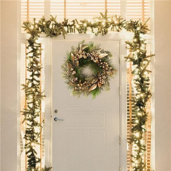 Christmas Pine Wreath ,16 Inch Front Door Wreath with Gold Berry Leaves - Picture 6 of 7